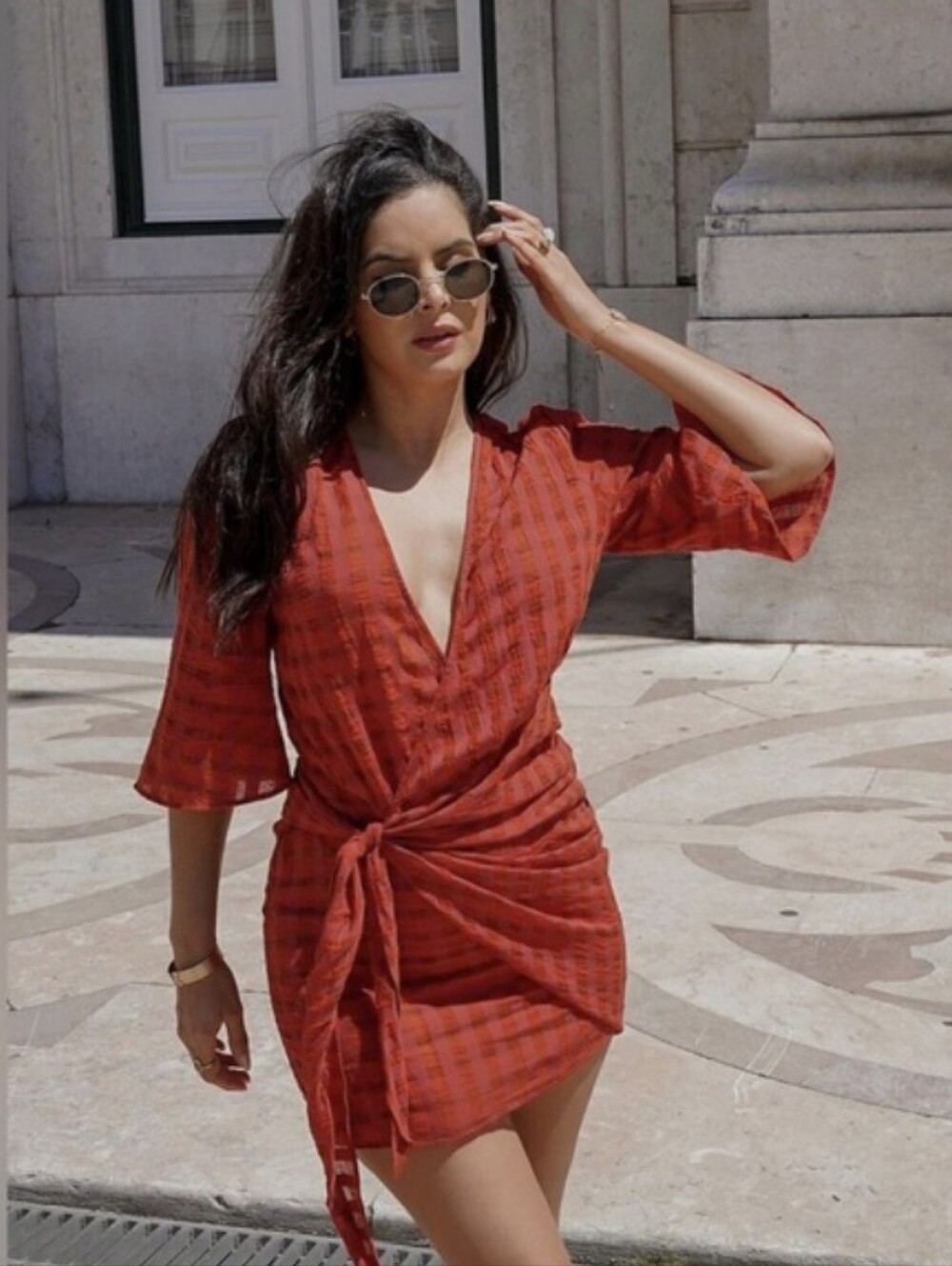Zara Women's Orange Summer Carla V-Neck Plaid Checkered Wrap Mini Dress Small